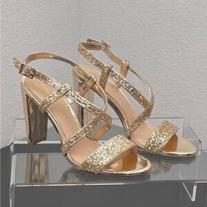 Badgley Mischka Jewel Women’s Gold Glitter Strappy Block Heel Sandals Size 8